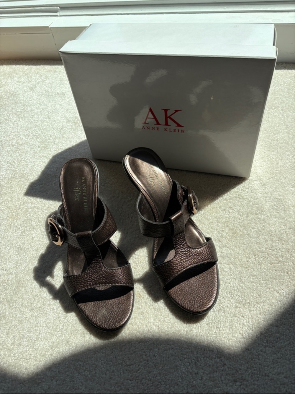 Anne Klein Dark Brown Textured Leather Heeled Sandals
